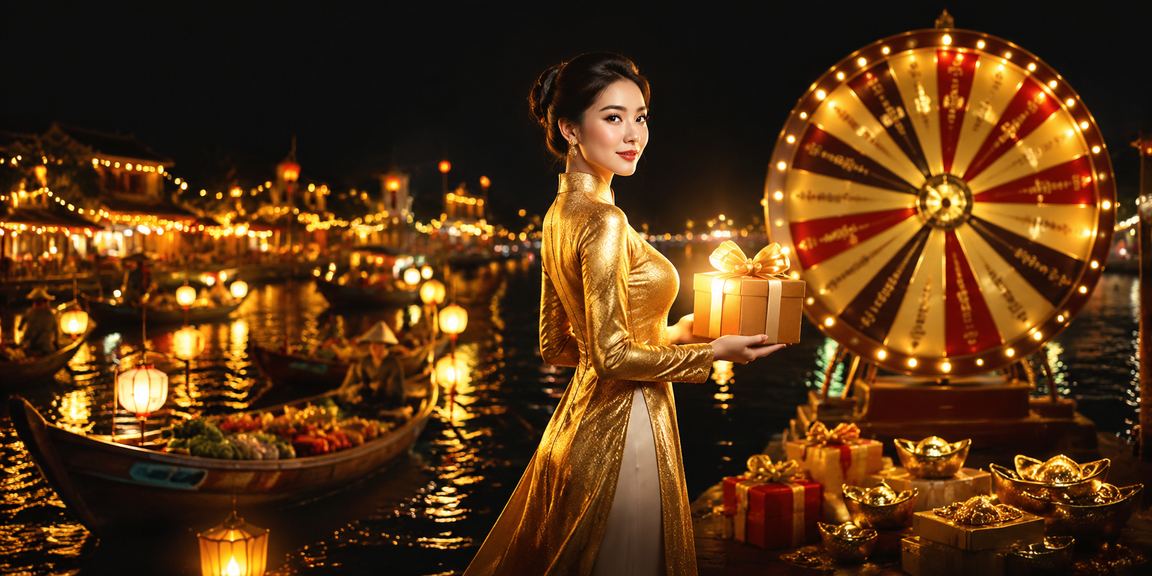 Người mặc áo dài tại Hội An chơi Roulette trực tuyến vào buổi tối bên đèn lồng